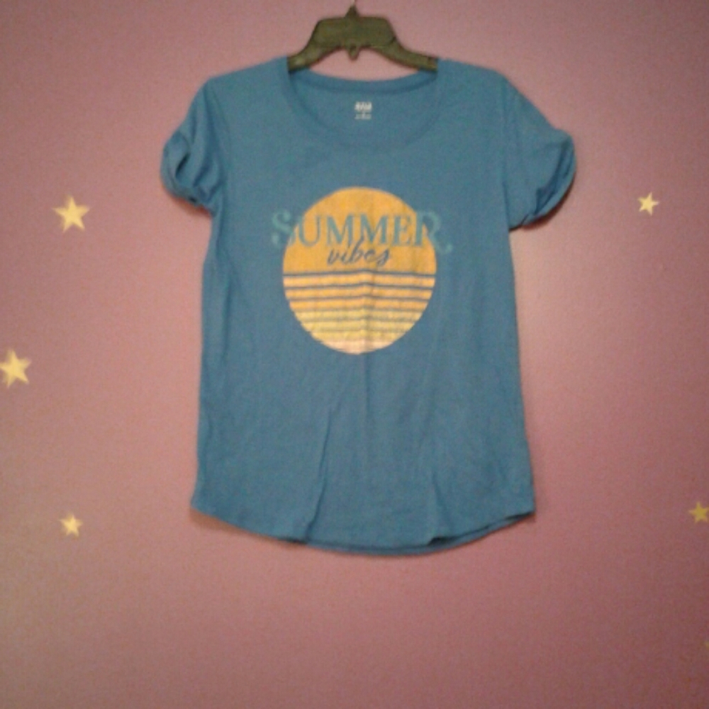 Blue shirt with a sunset ans the words summer vibe
